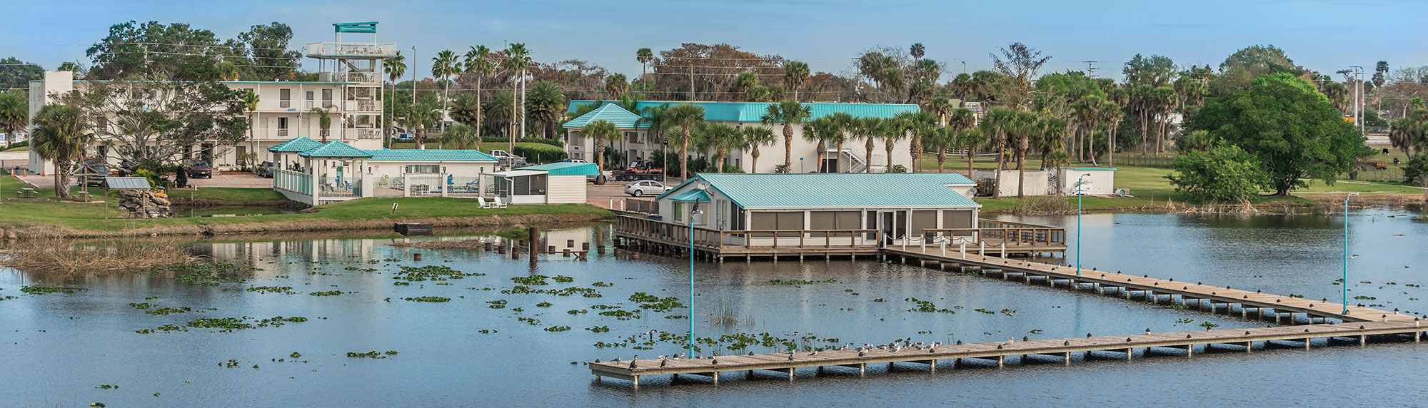 aerial view of Days Inn parking next to Lake Okeechobee